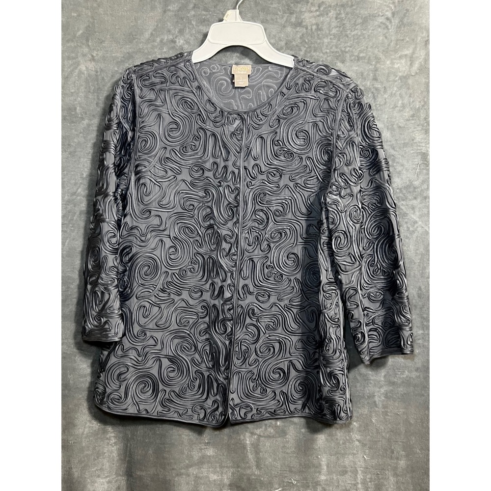 Chico's Travelers 1 Gray Soutache Swirl Jacket Open Front Artsy Fancy Boho